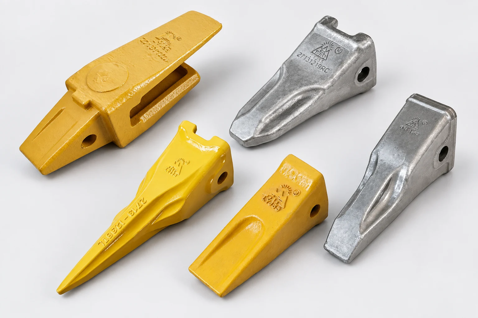 Five bucket teeth and adapters in yellow and silver finishes